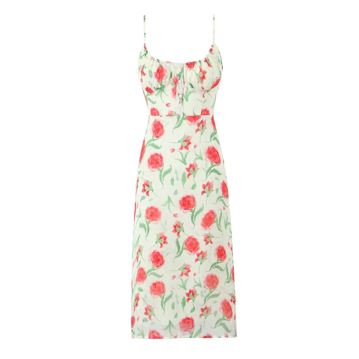 Floral Buttoned Elastic Waist Midi Dress