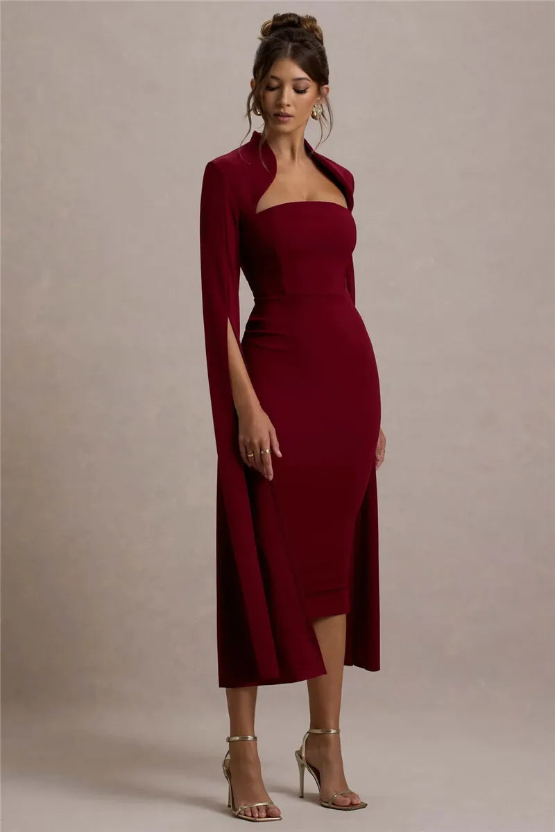 Cape Sleeve Square Neck Elegant Midi Dress