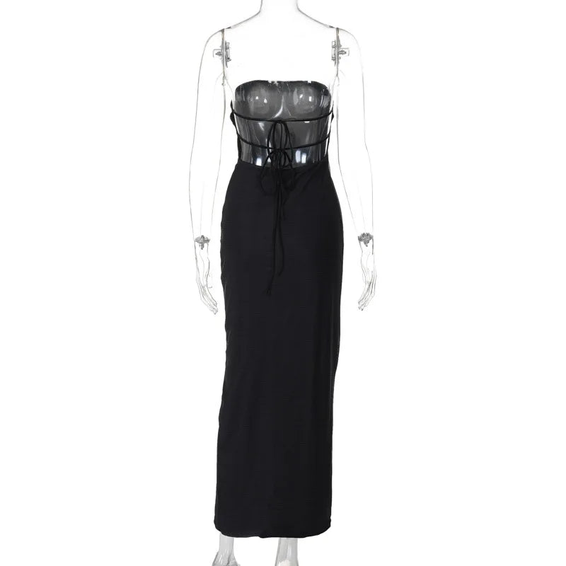 Black Tube Flower Back Tie Maxi Dress