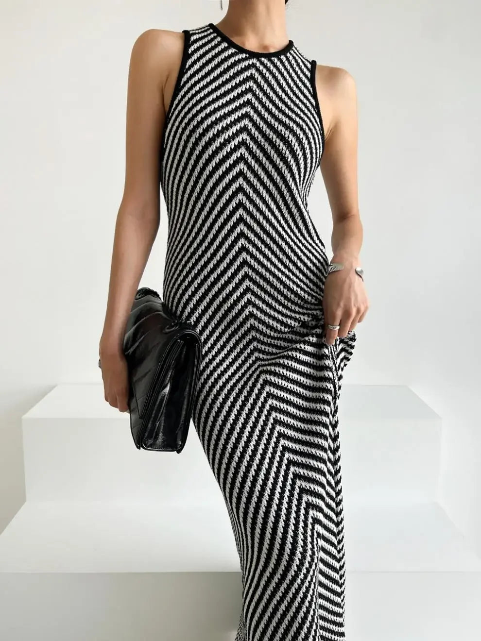 Striped Ribbed Casual Midi Dress