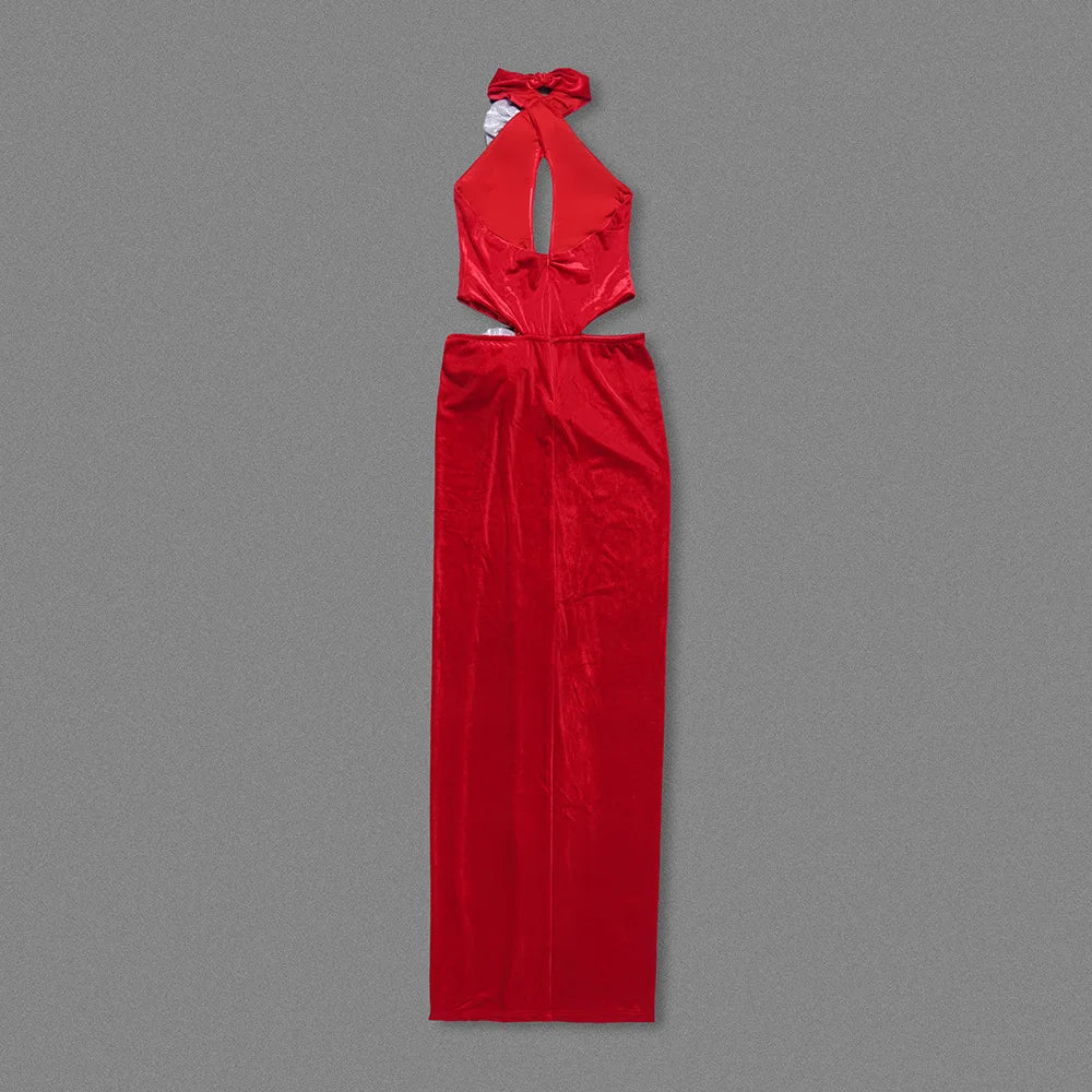 Red Velvet 3D Flower Evening Maxi Dress