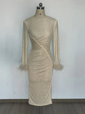 Long Sleeve Feather Rhinestone Midi Dress