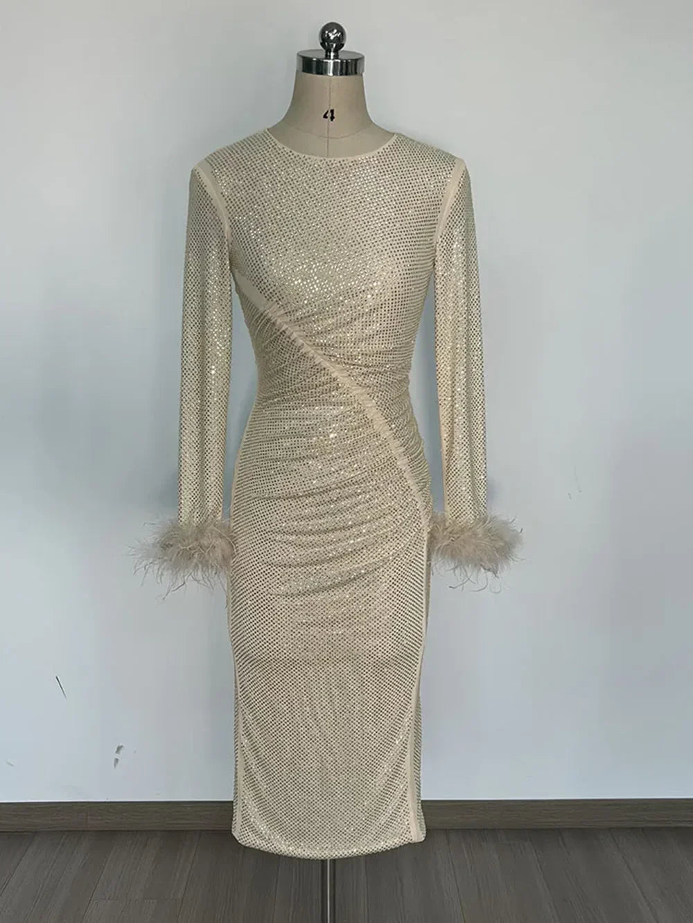 Long Sleeve Feather Rhinestone Midi Party Dress