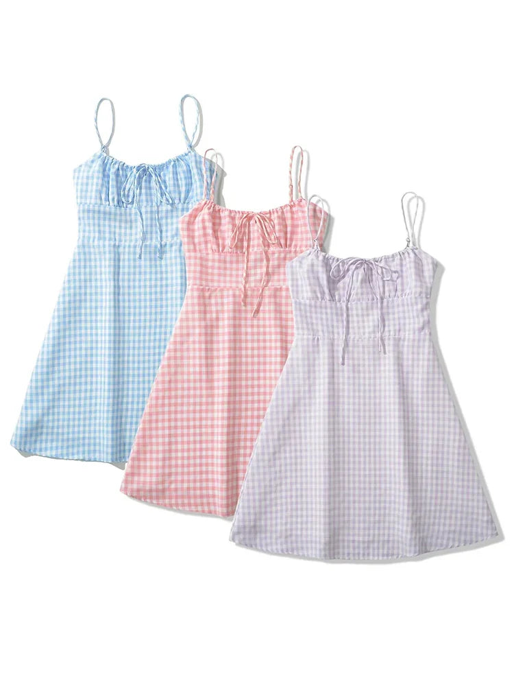 Spaghetti Strap Plaid Pink Midi Dress
