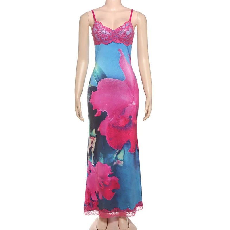 Spaghetti Strap Printed Long Party Dress