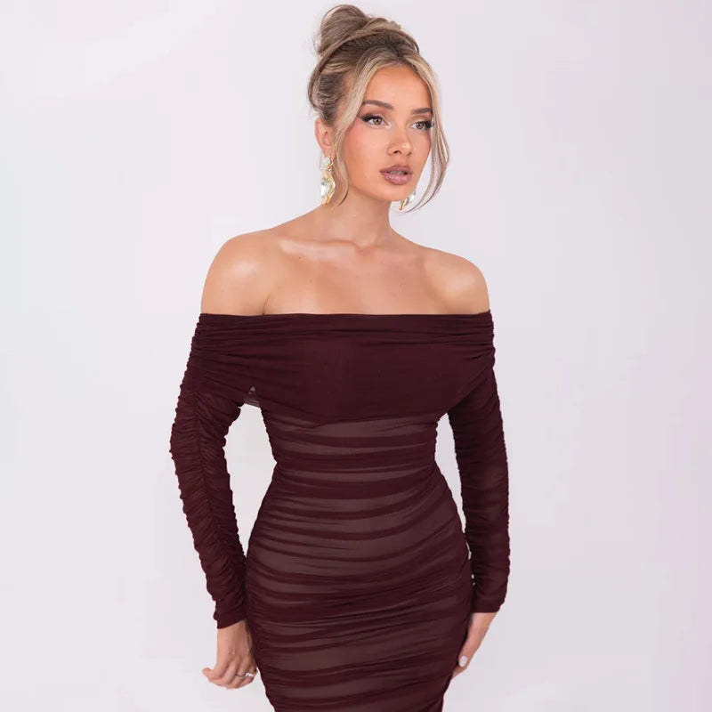 Off Shoulder Slash Neck Solid Maxi Dress