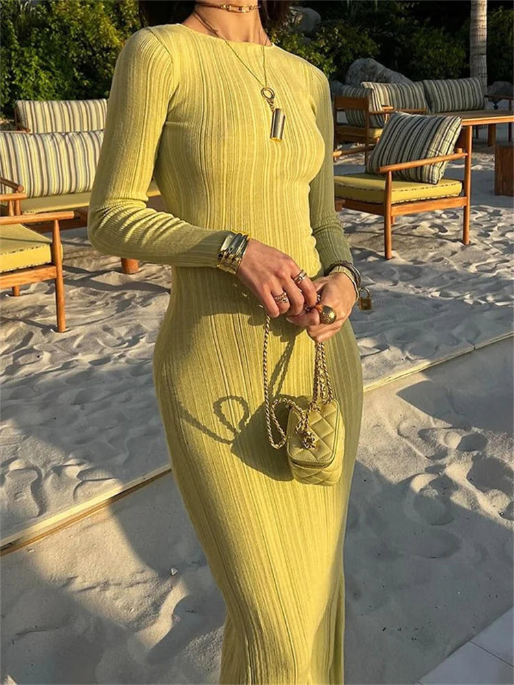 Ribbed Long Sleeve Slim Maxi Dress