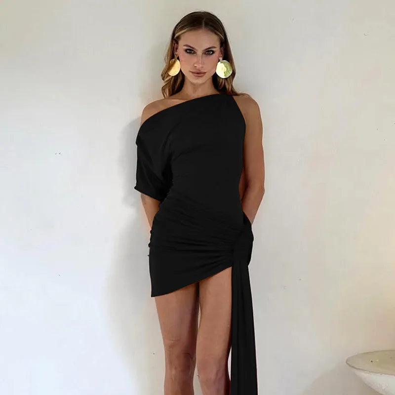 Draped Irregular Oblique Shoulder Mini Dress