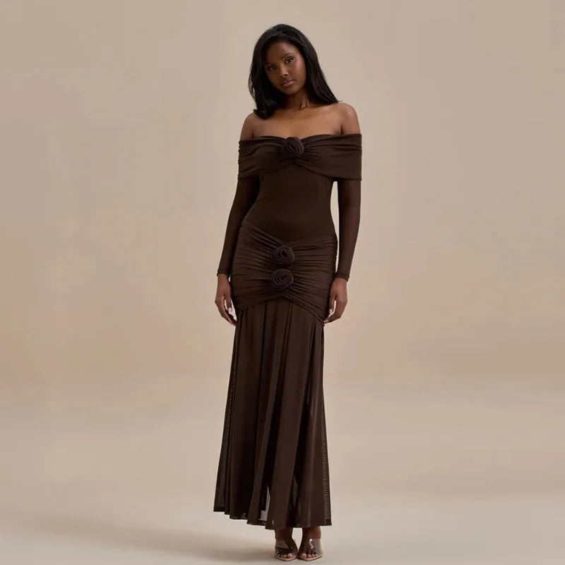 3D Flower Mesh Long Sleeve Fishtail Maxi Dress