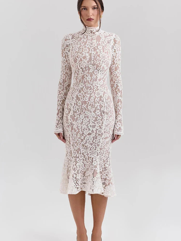 Lace White Long Sleeve Turtleneck Party Dress