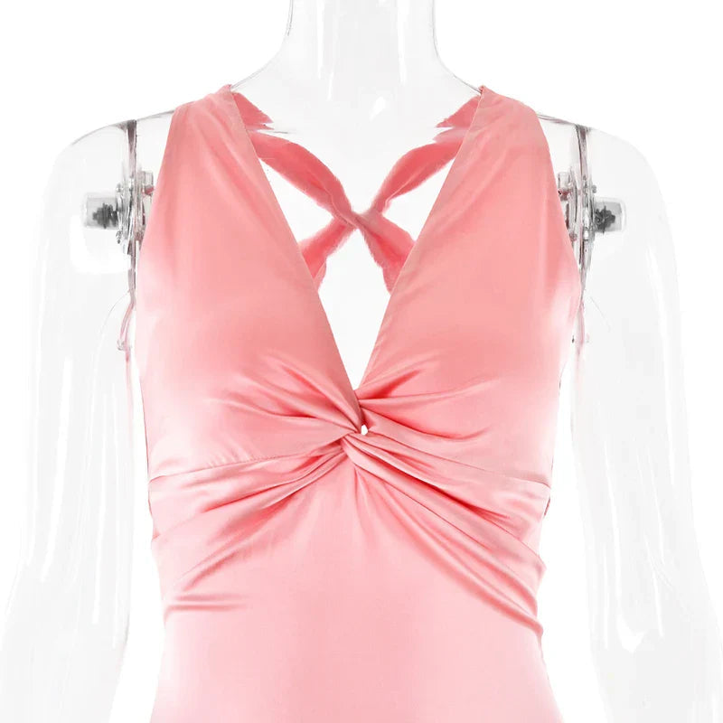 V-Neck Sleeveless Satin Bow Backless Maxi Dress