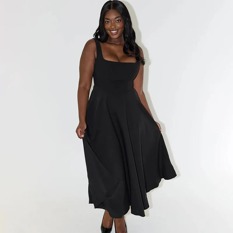 Square Neck Black Strap Spaghetti Maxi Dress