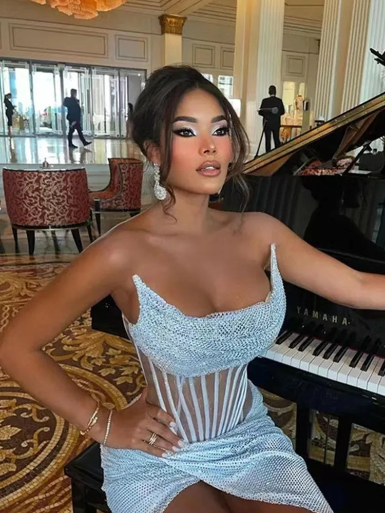 Strapless Mesh Sequin Ruffles Maxi Party Dress