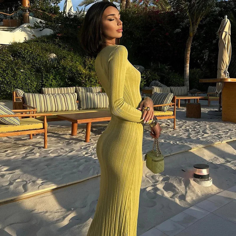 Ribbed Long Sleeve Maxi Party Dress