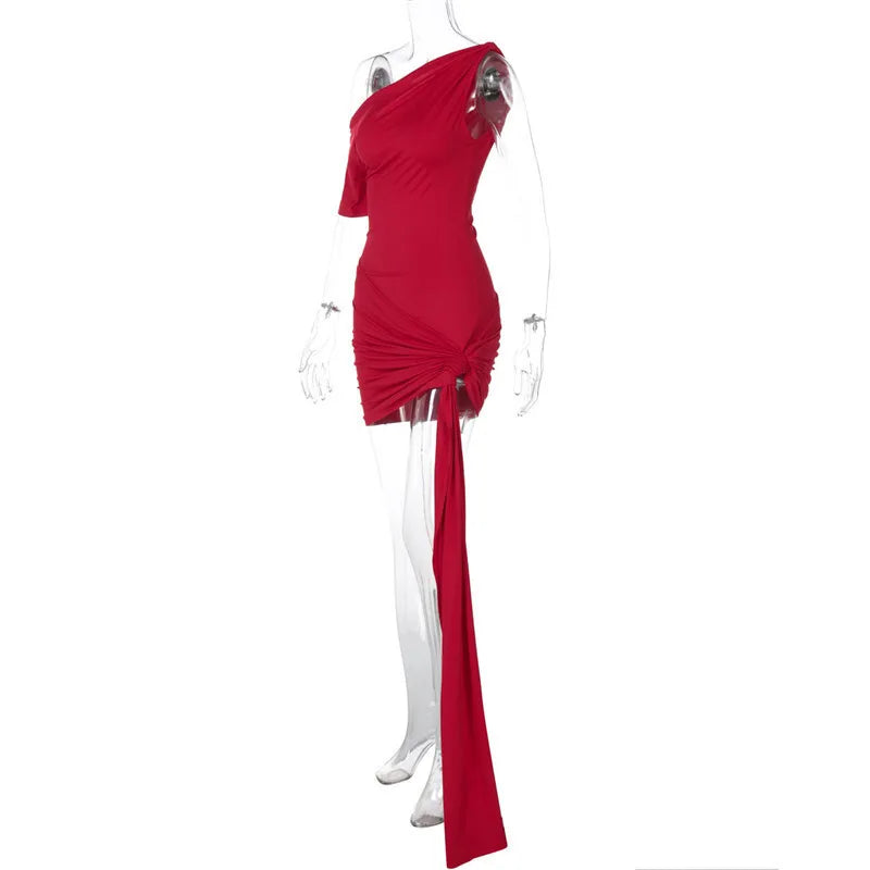 Draped Irregular Oblique Shoulder Mini Dress