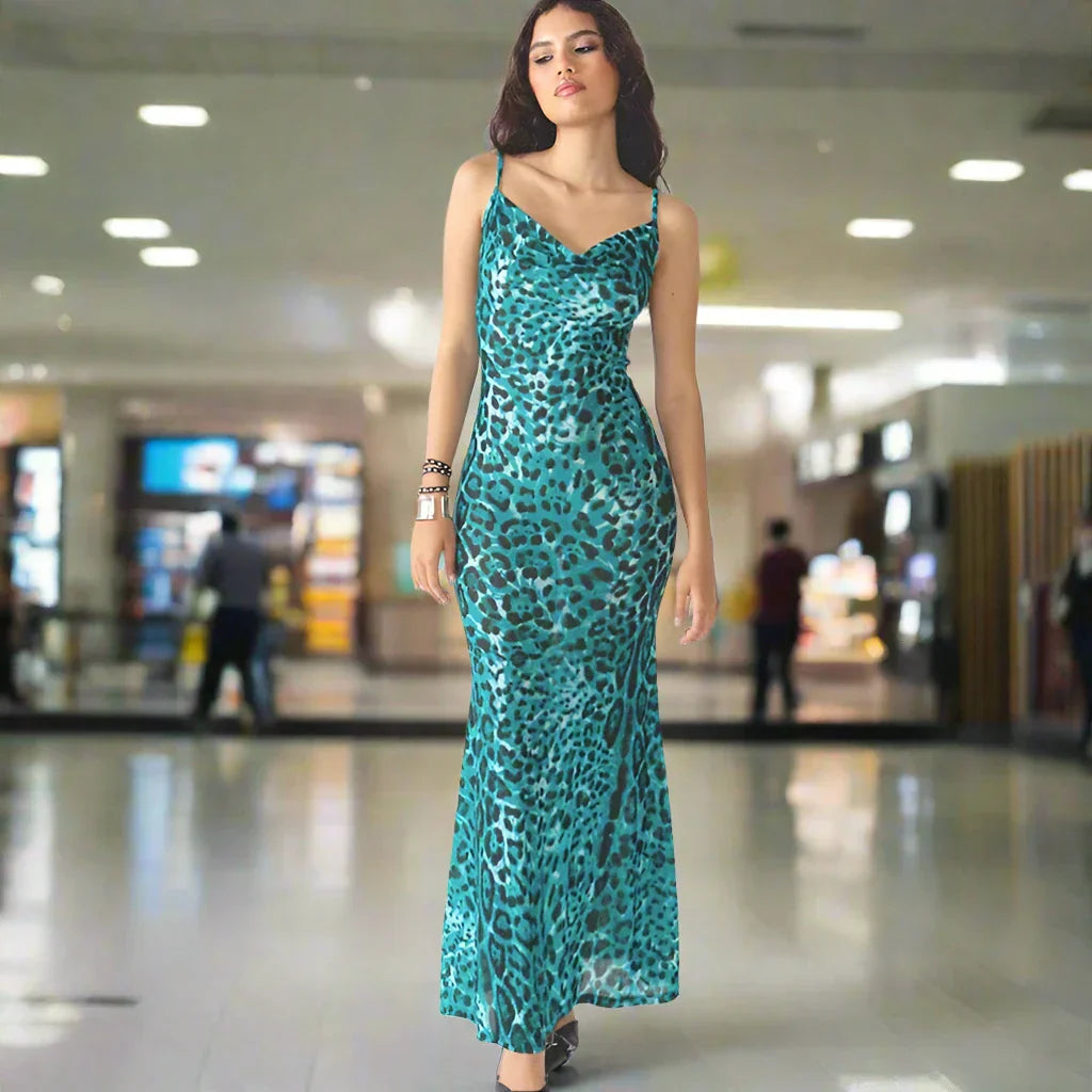 Leopard Print Spaghetti Strap Maxi Party Dress