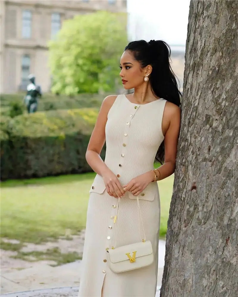 Knit Maxi Dress with Pockets Button Front