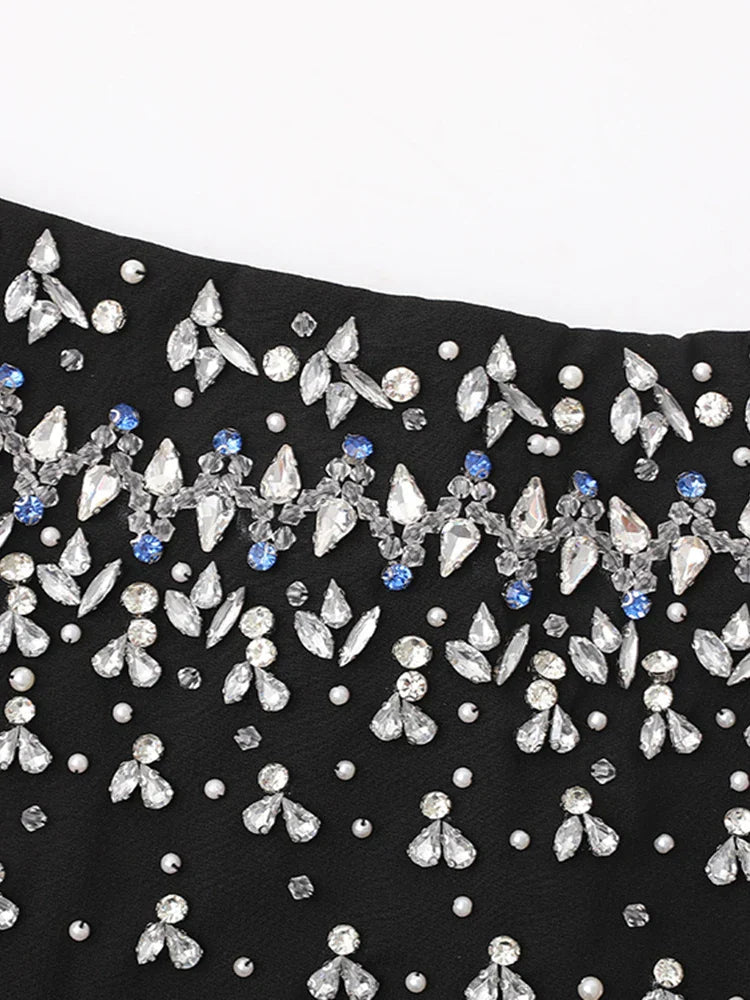 Black Crystal Pearl Diamond Chic Mini Dress