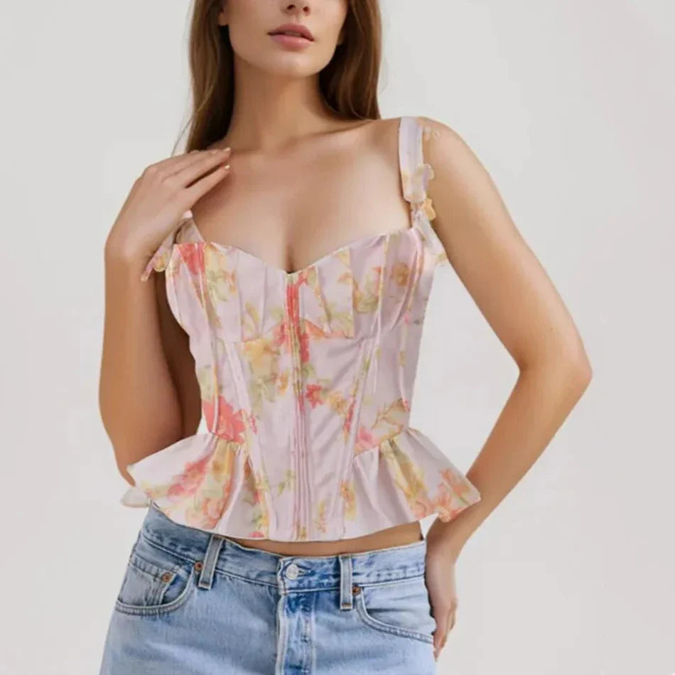 Ribbon Bow Strap Ruffle Hem Top Party Dress