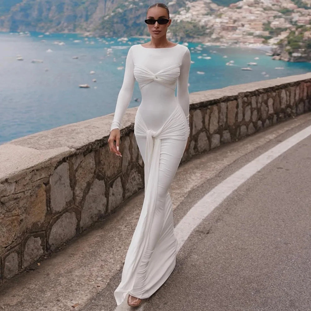O-Neck Long Sleeve Robe Fashion Maxi Dress