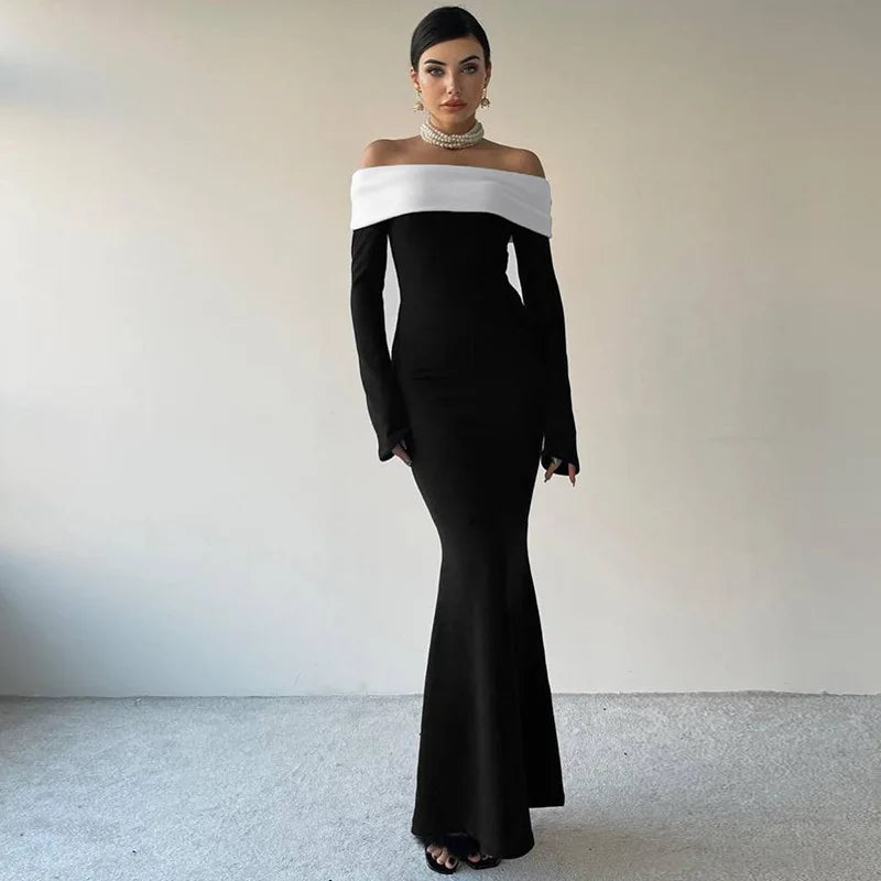 Black White Off Shoulder Long Sleeve Maxi Party Dress