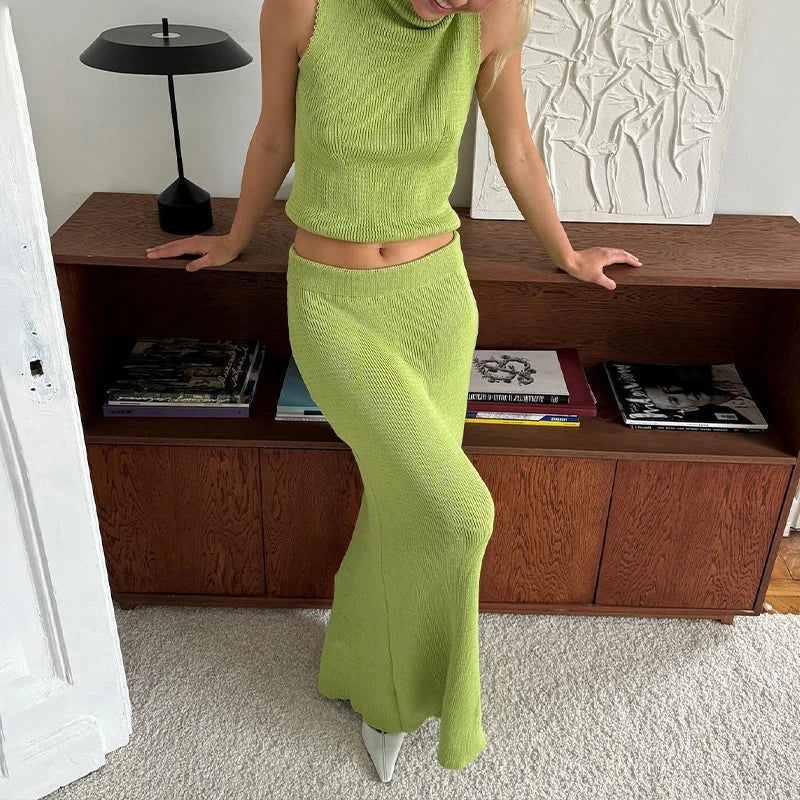 Solid Tank Top Midi Skirt 2pcs Set Dress