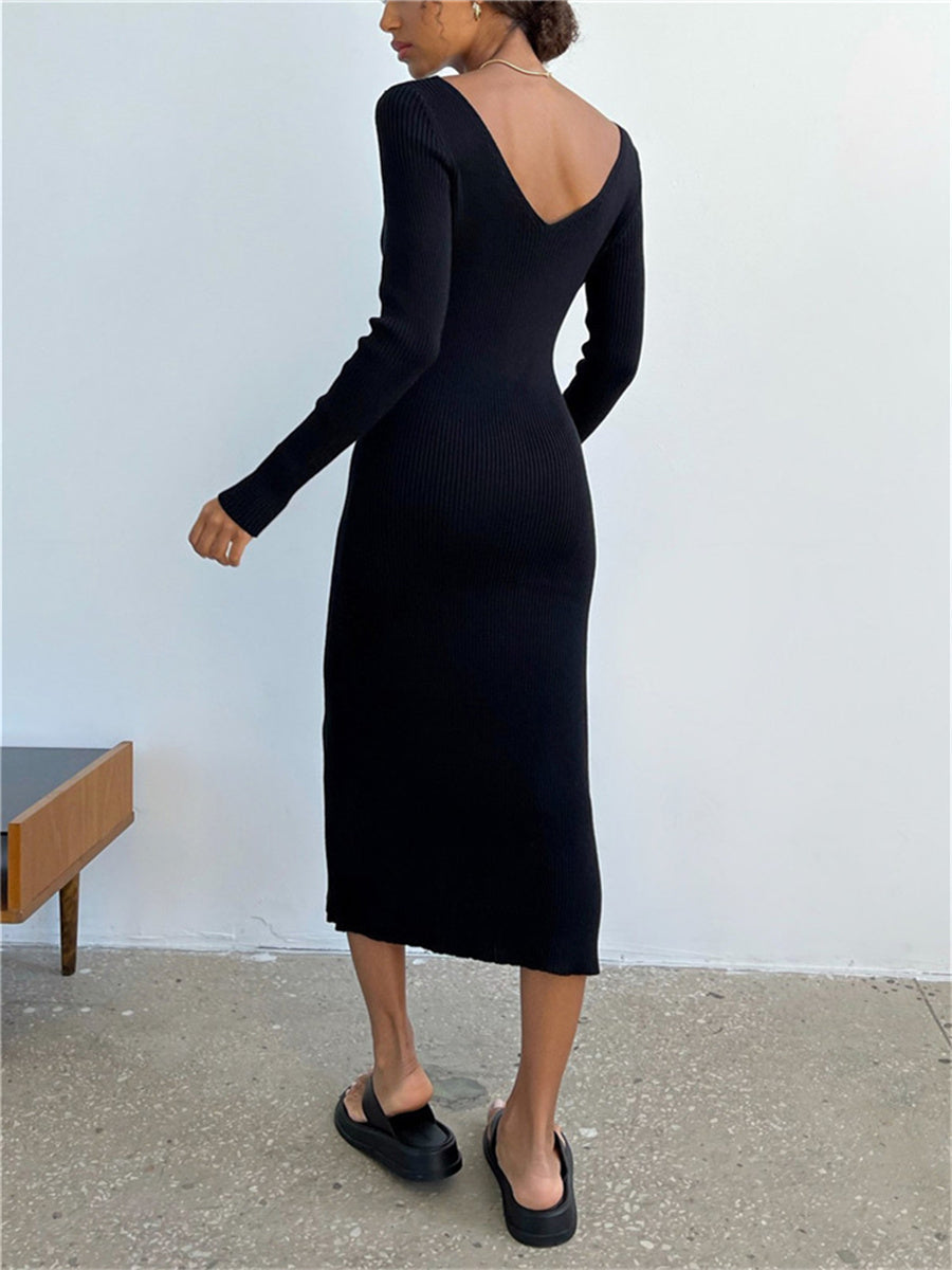 V Neck Backless Ribbed Wrap Midi Dress