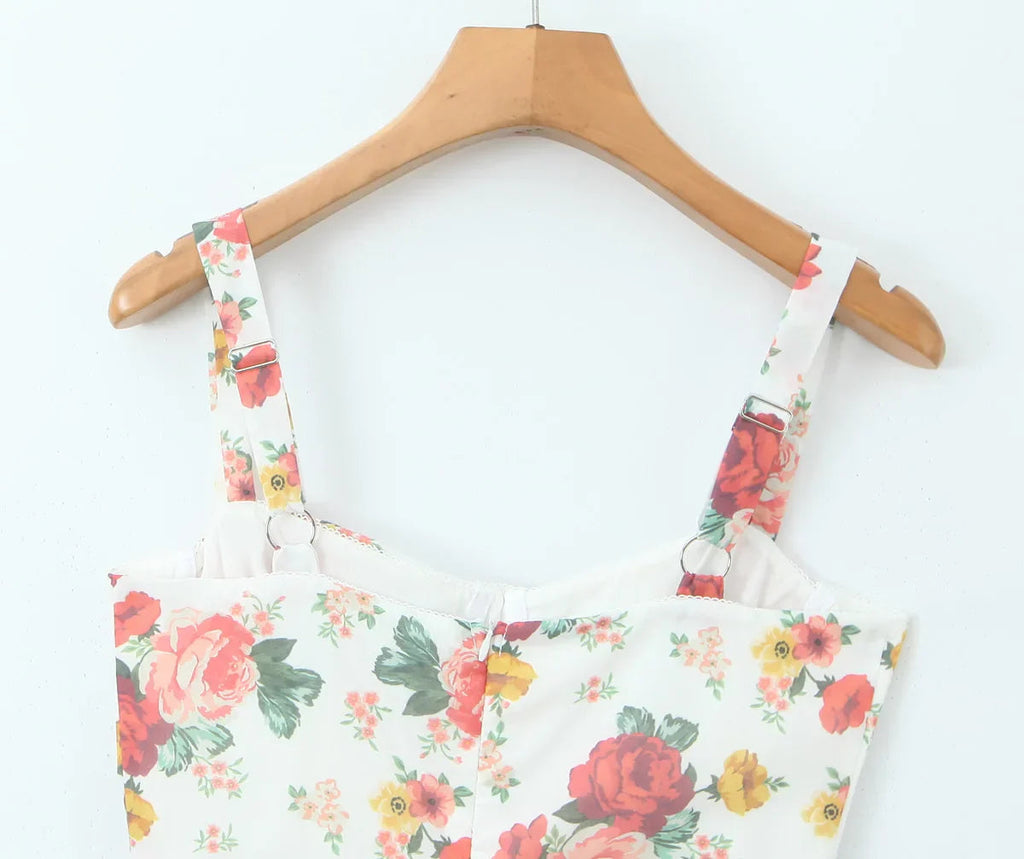 Floral Corset Ruffled Hem Midi Dress