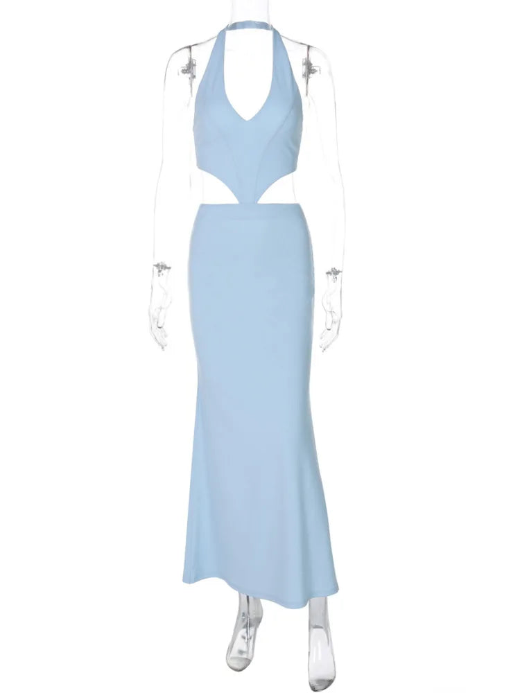 Halter Backless Blue Lace-Up Maxi Dress