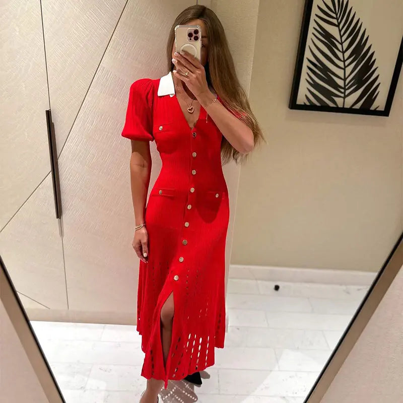 Contrast Collar Buttoned Ribbed Midi Dress
