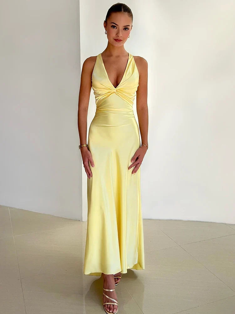 Satin V-Neck Bow Back Strappy Maxi Dress