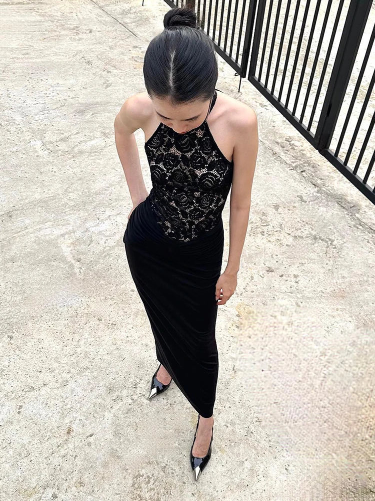 Halter Neck Lace Patchwork Black Strap Maxi Dress