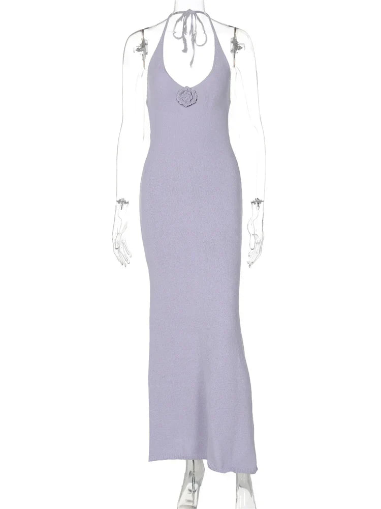 Floral Knit Hollow Out Lace-Up Maxi Dress