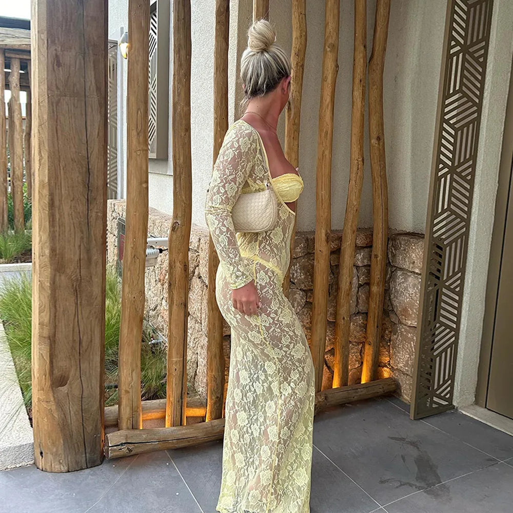 Lace Hollow Out Bodycon Perspective Maxi Dress