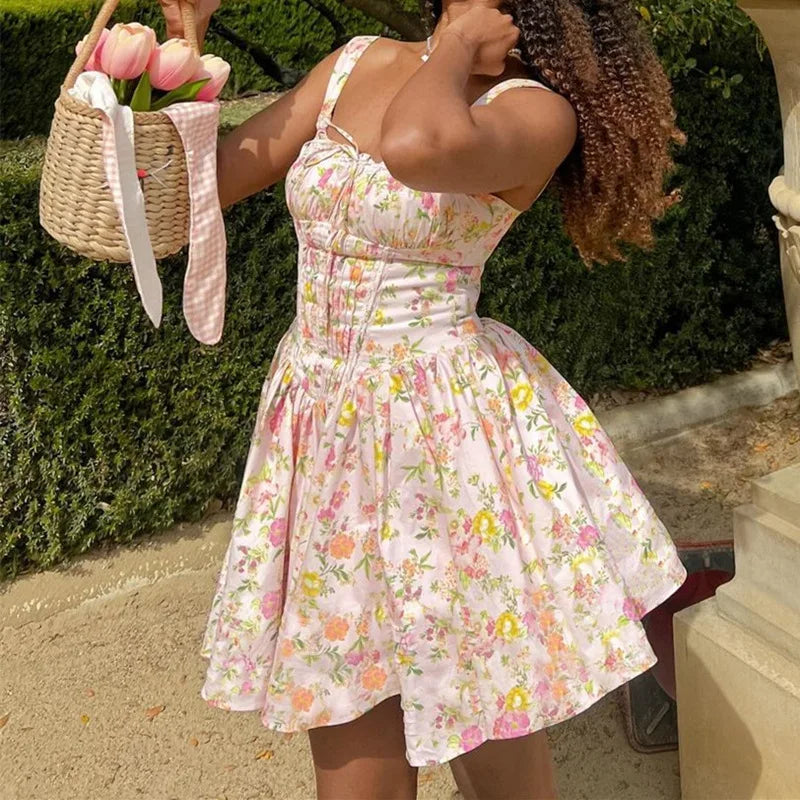 Flower Printed Open Back A-Line Mini Party Dress