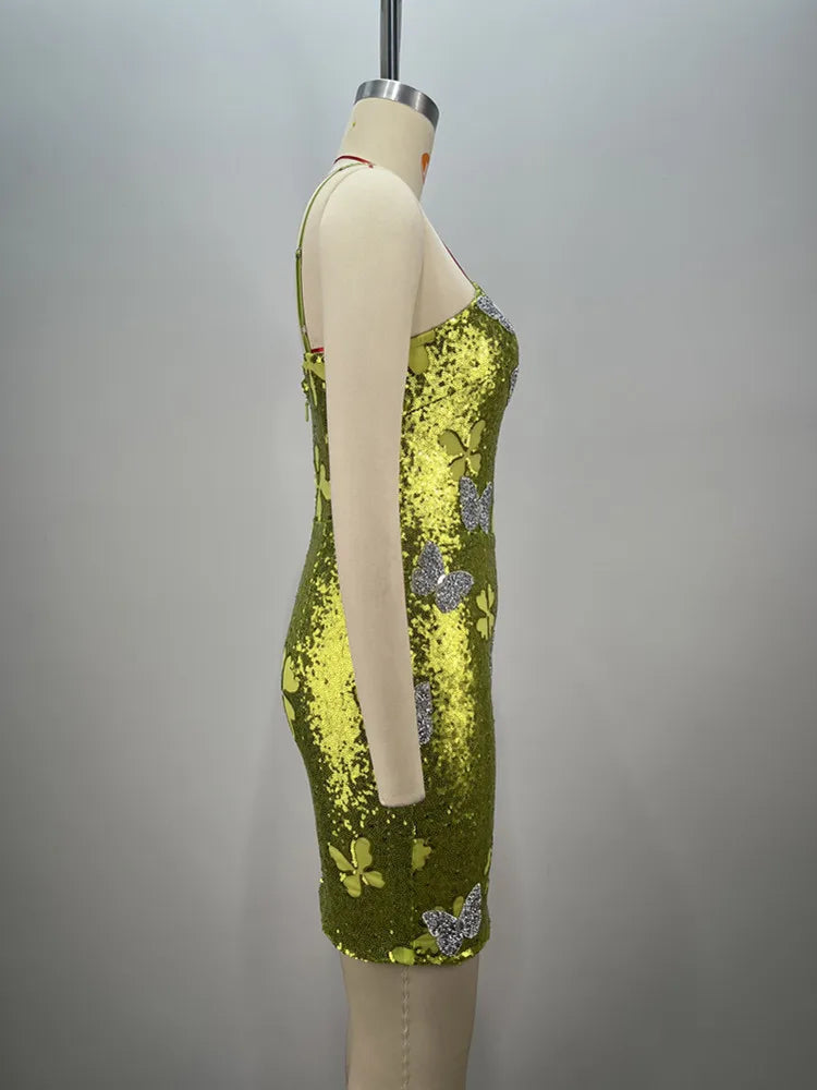 Sleeveless Mesh Sequined Butterfly Mini Party Dress