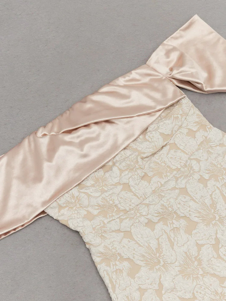 Slash Neck Embossed Flower Beige Party Dress