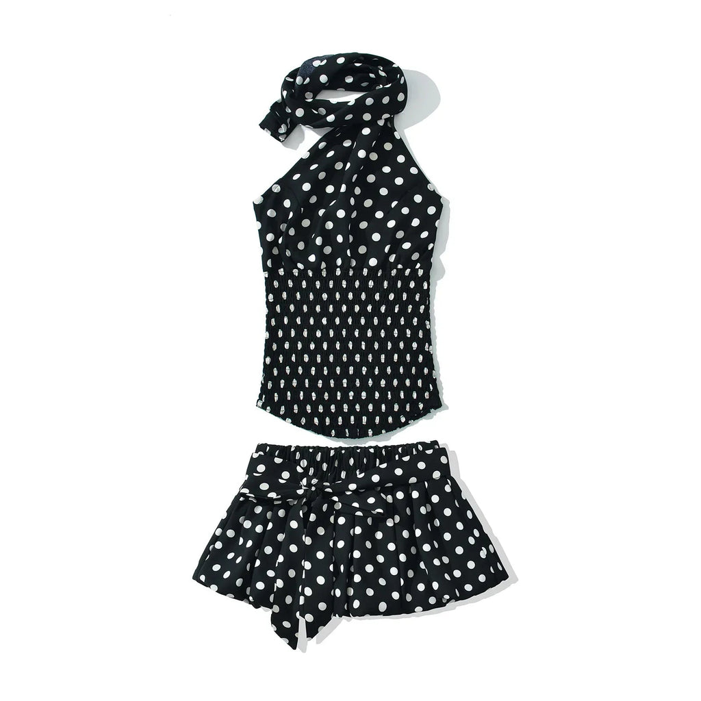 Polka Dot Halter Elastic Waist Two Piece Mini Dress