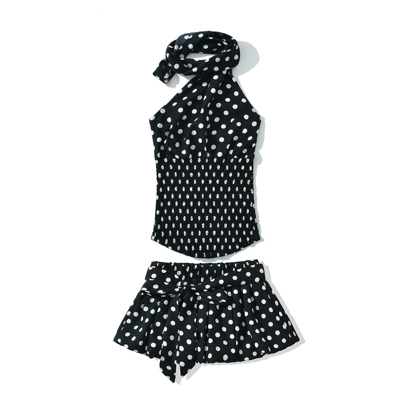 Polka Dot Halter Elastic Waist Two Piece Mini Dress
