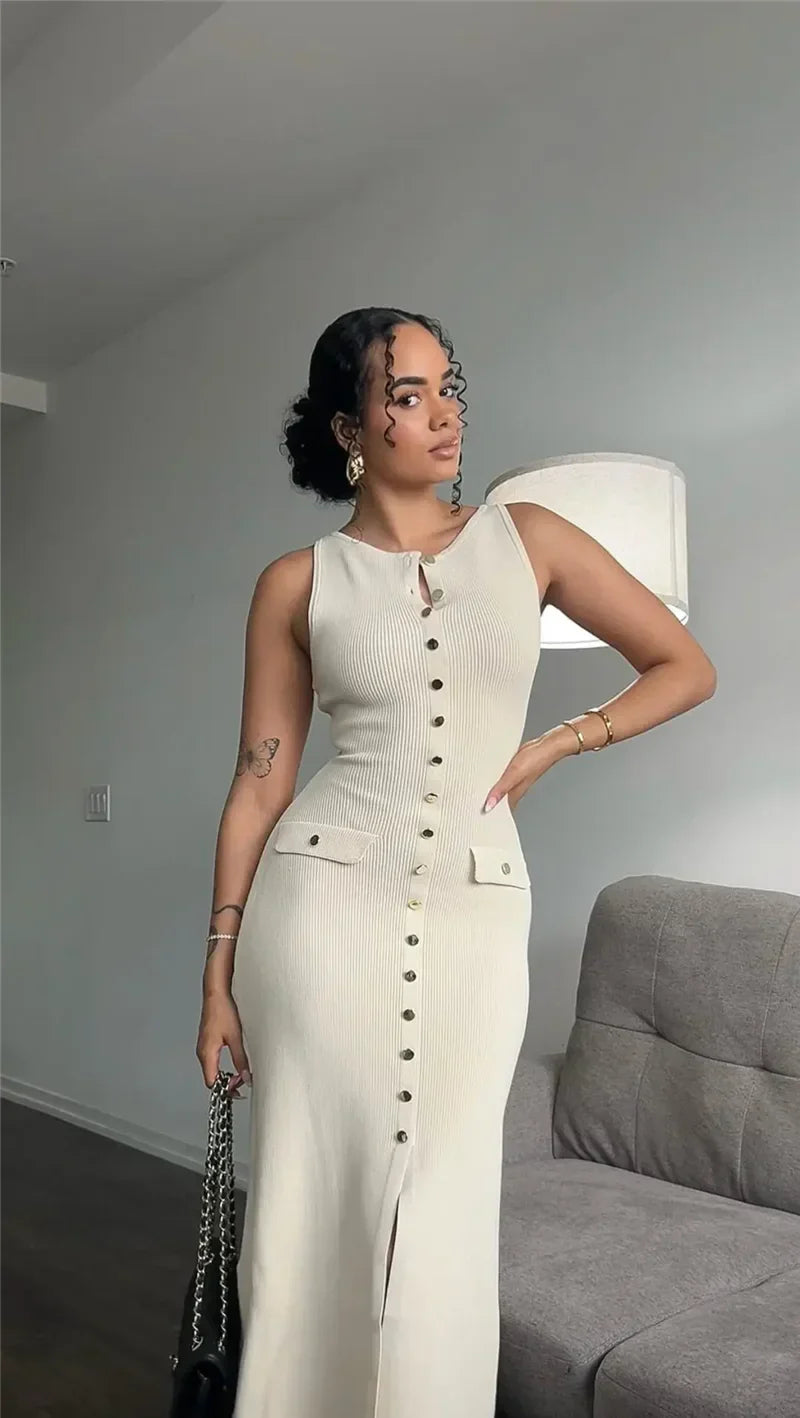 Knit Maxi Dress with Pockets Button Front