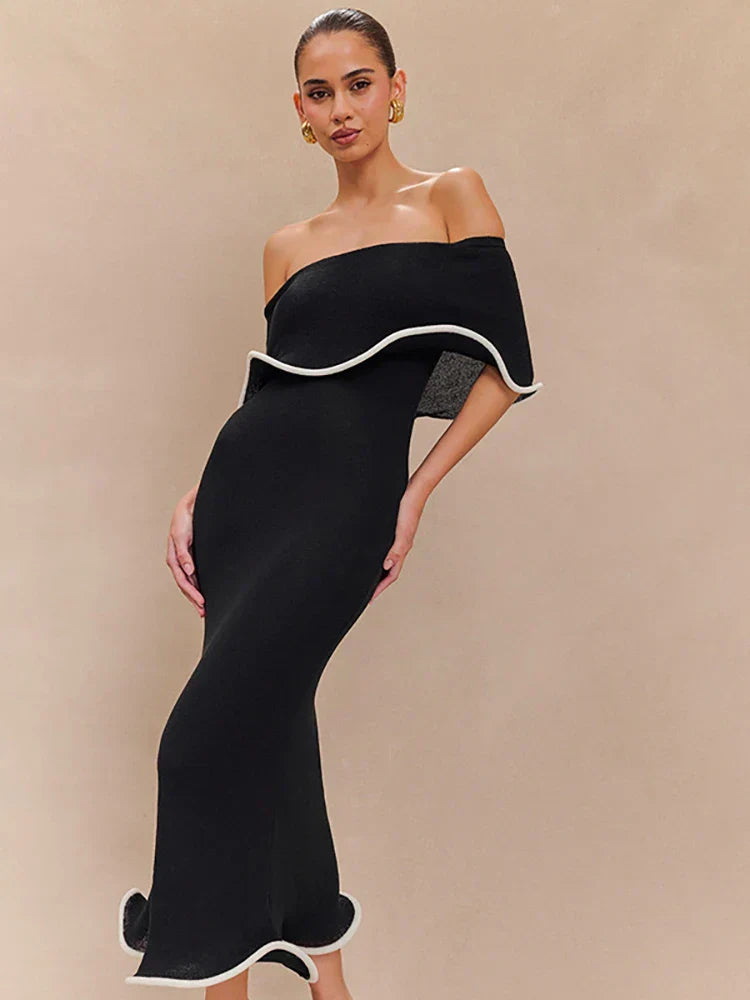 Strapless Ruffled Black Party Midi Dress