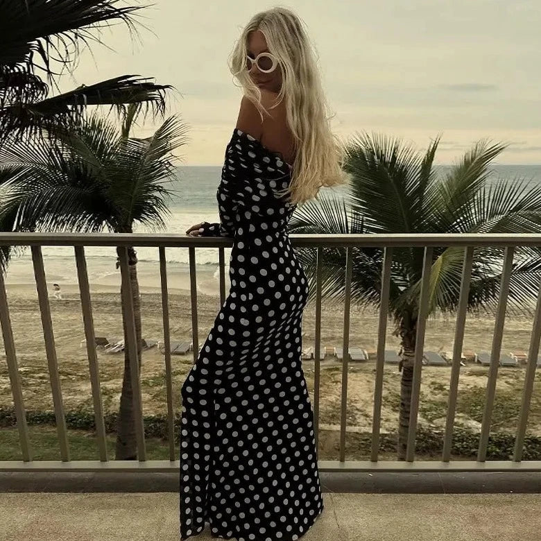 Polka Dots Off Shoulder Long Sleeve Maxi Dress