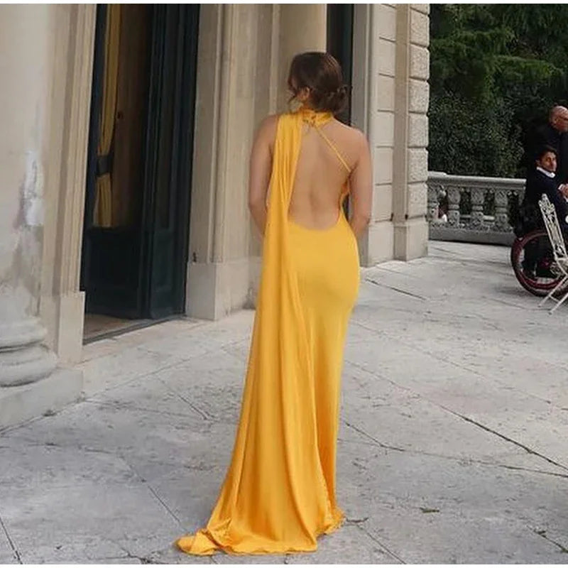 Yellow Satin Backless Lace-Up Off Shoulder Maxi Dress
