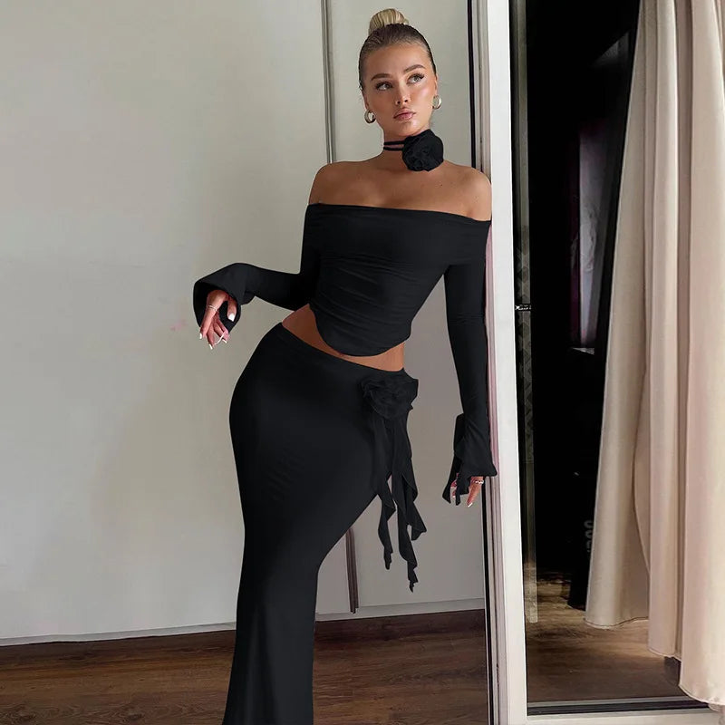 Off Shoulder Crop Top Bodycon Maxi Skirt Set