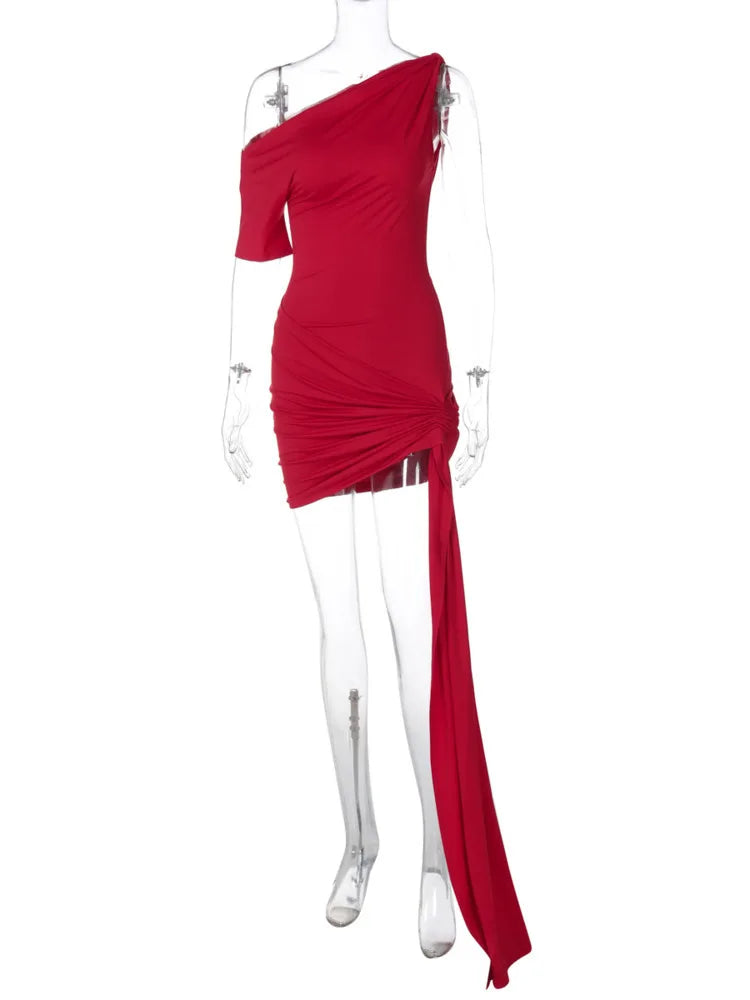 Draped Irregular Oblique Shoulder Mini Dress