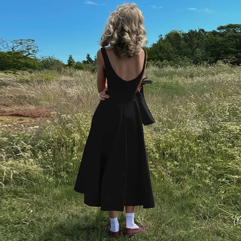 Straight Neck Flared Sleeveless Midi Dress