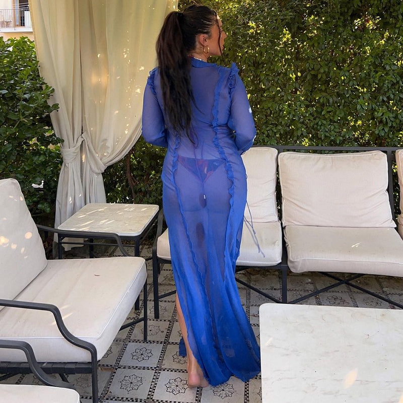 V-Neck Sheer Ruffled Drawstring Maxi Dress