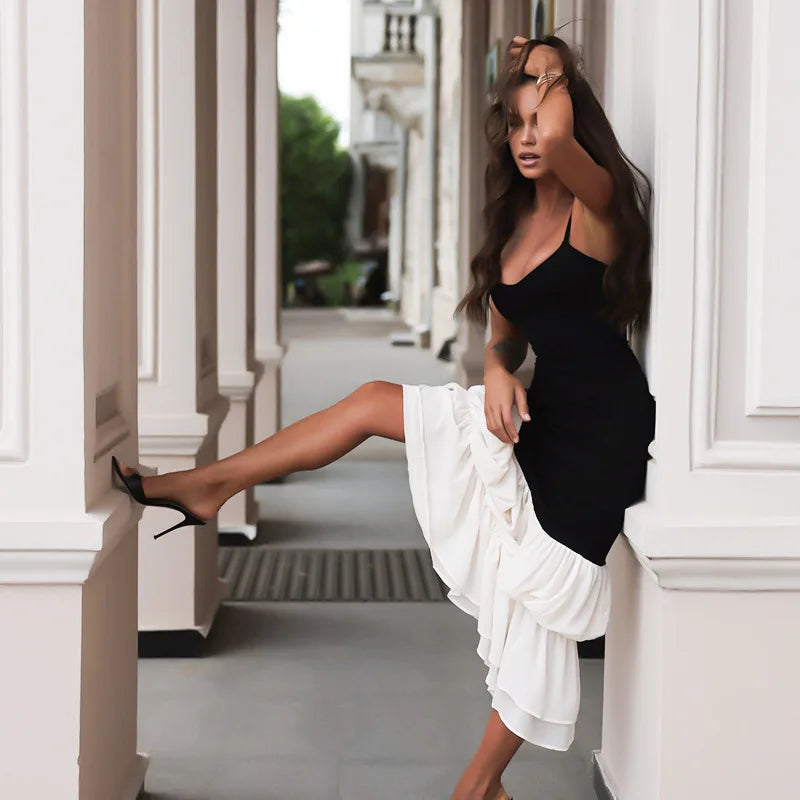 Black Strap White Frill Patchwork Maxi Party Dress
