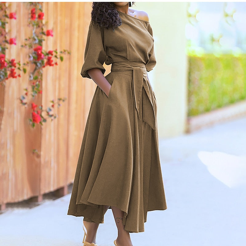 Diagonal Collar Boho Lace Up Maxi Dress