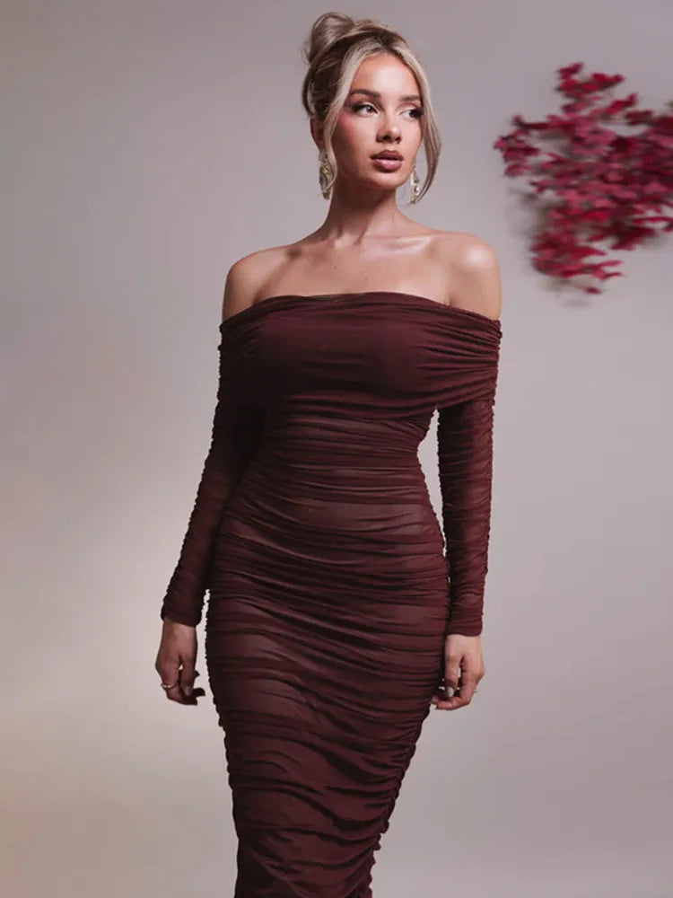 Off Shoulder Slash Neck Solid Maxi Dress